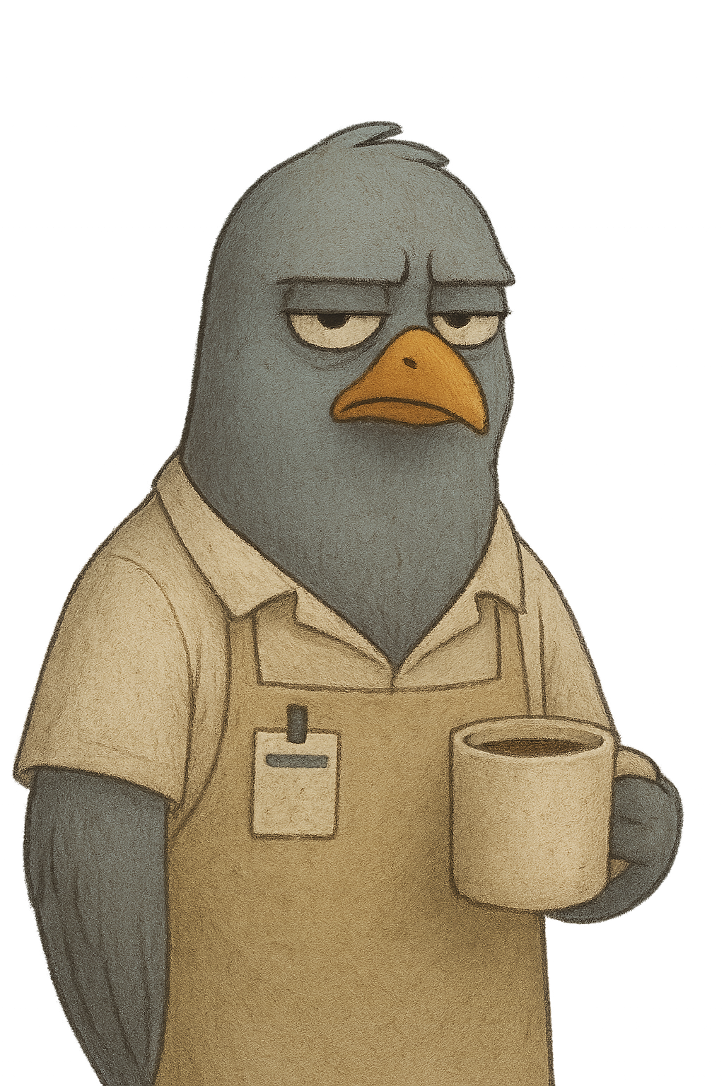 Pombo corporativo cansado com café, mascote do Manual Funcional